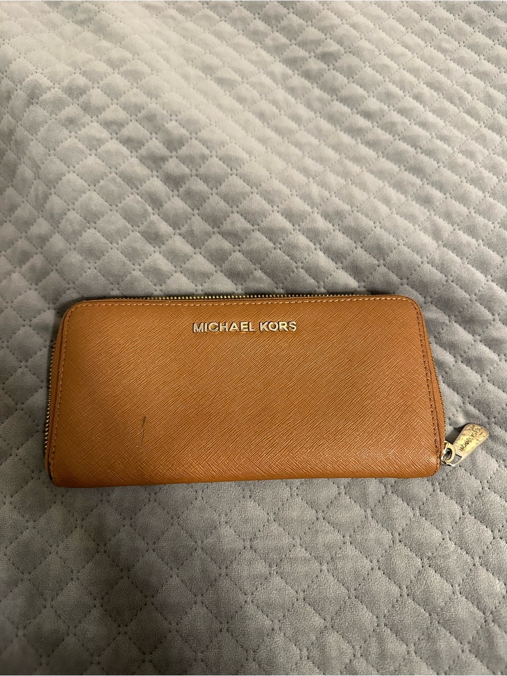 Michael Kors Cognac Saffiano Zip-Around Wallet with Gold Hardware